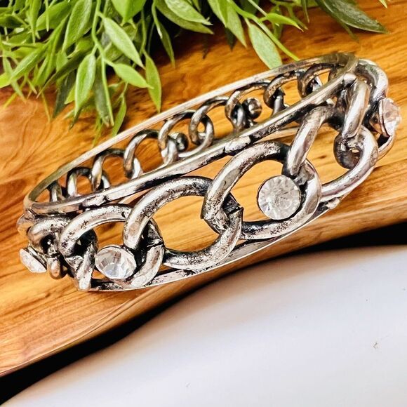 Wide Silver Tone Clear Rhinestone Bangle Bracelet Stacking - Picture 2 of 5